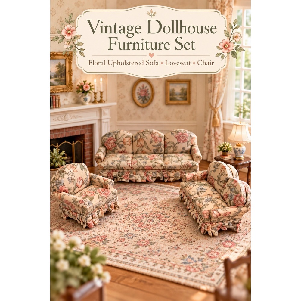 Vintage Dollhouse Furniture 1:12 Floral Upholstered Sofa Loveseat Chair 3pc